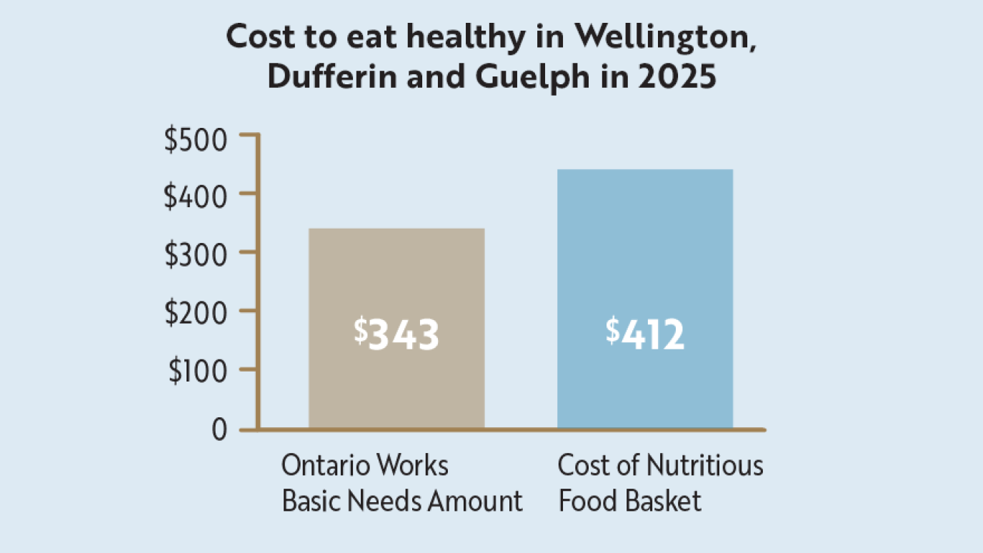 A bar chart showing the Ontario Works Basic Needs amount being $343 while the Cost of Nutritious Food Basket is $412.