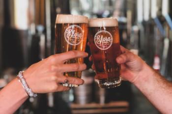 Two individuals making a celebratory toast with Elora Brewing beer.