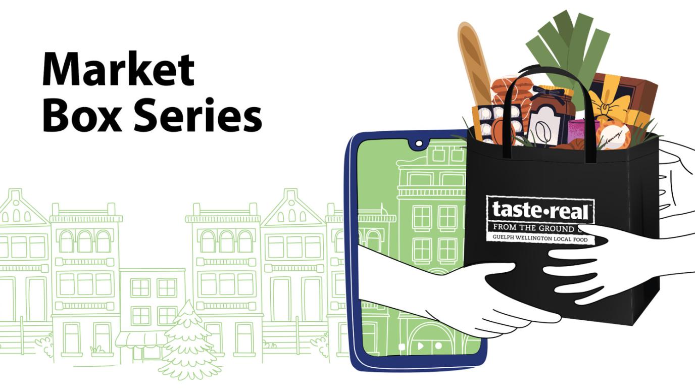 An illustration for the "Market Box Series" featuring a pair of hands emerging from a smartphone screen to hand over a black shopping bag filled with groceries to another pair of hands.