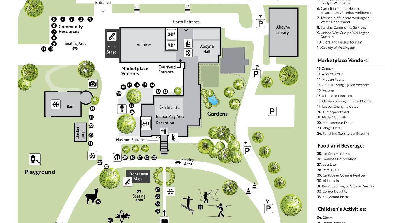Stylized map of the Multicultural Festival layout on the Wellington County Museum grounds.
