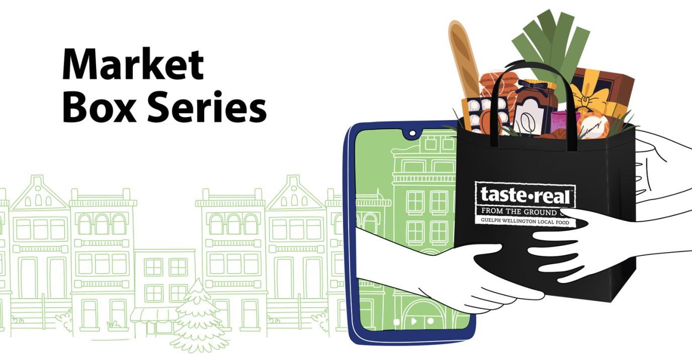 An illustration for the "Market Box Series" featuring a pair of hands emerging from a smartphone screen to hand over a black shopping bag filled with groceries to another pair of hands.