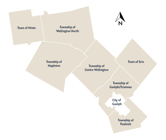 Map of Wellington County including all Member Municipalites and the City of Geulph